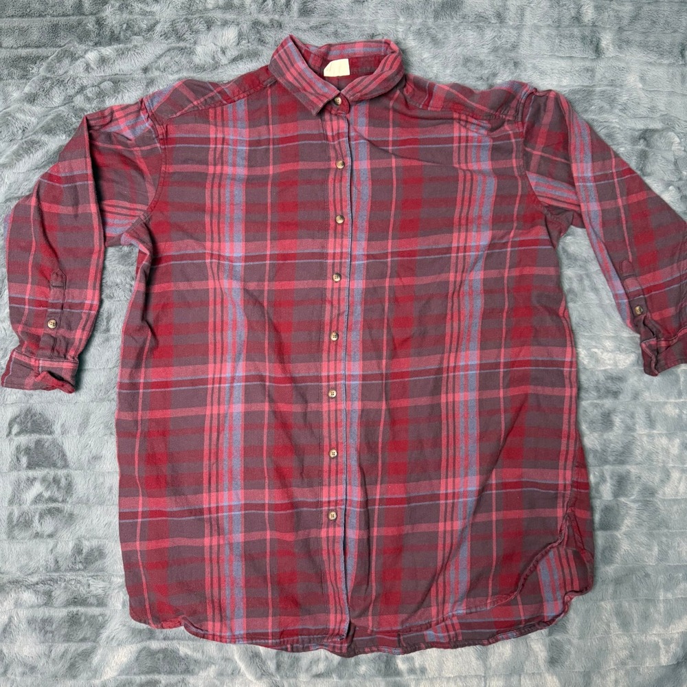 Pact Organic Cotton Plaid Flannel Shirt Burgundy Blue Womens M L Oversized